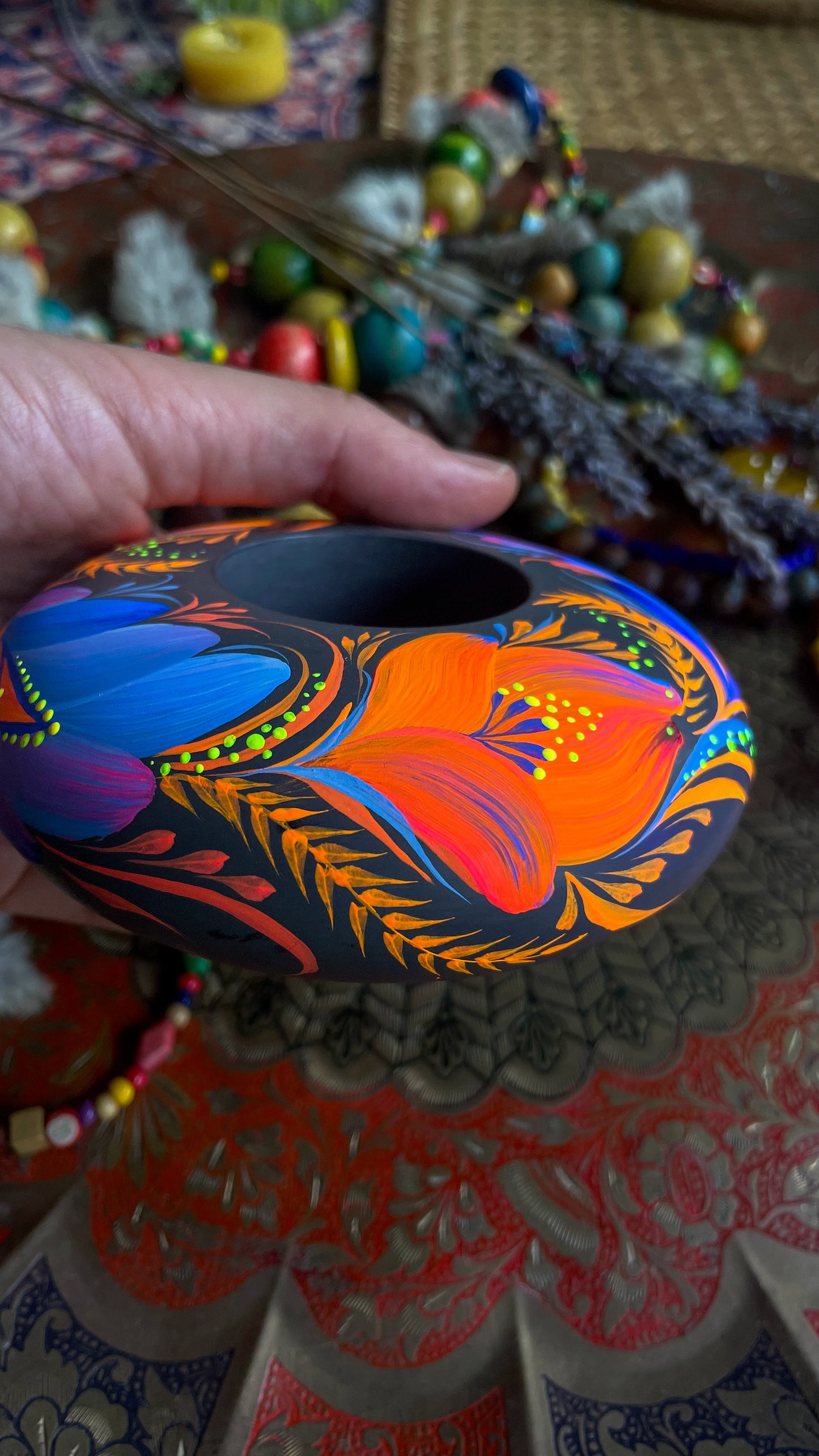 Hand painted candleholder Blue and Orange