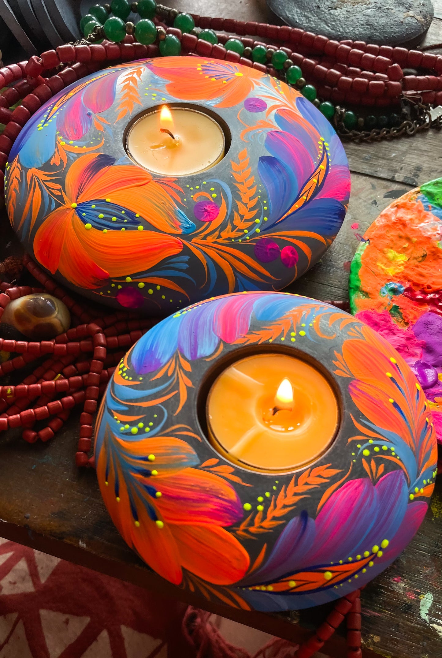 Hand painted candleholder Blue and Orange