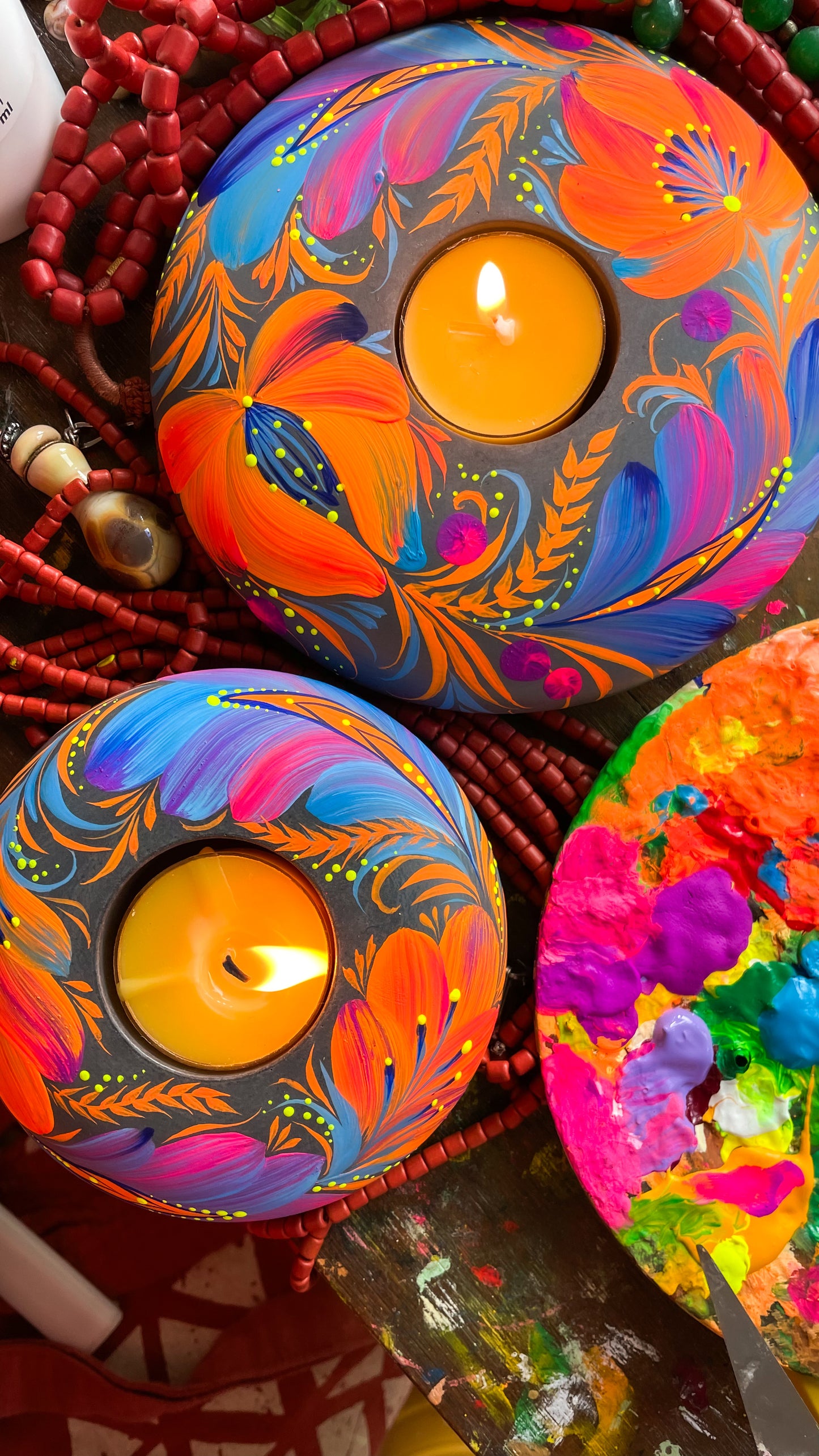 Hand painted candleholder Blue and Orange