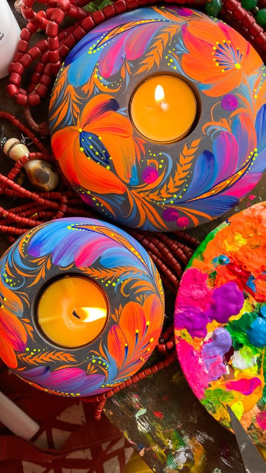 Hand painted candleholder Blue and Orange