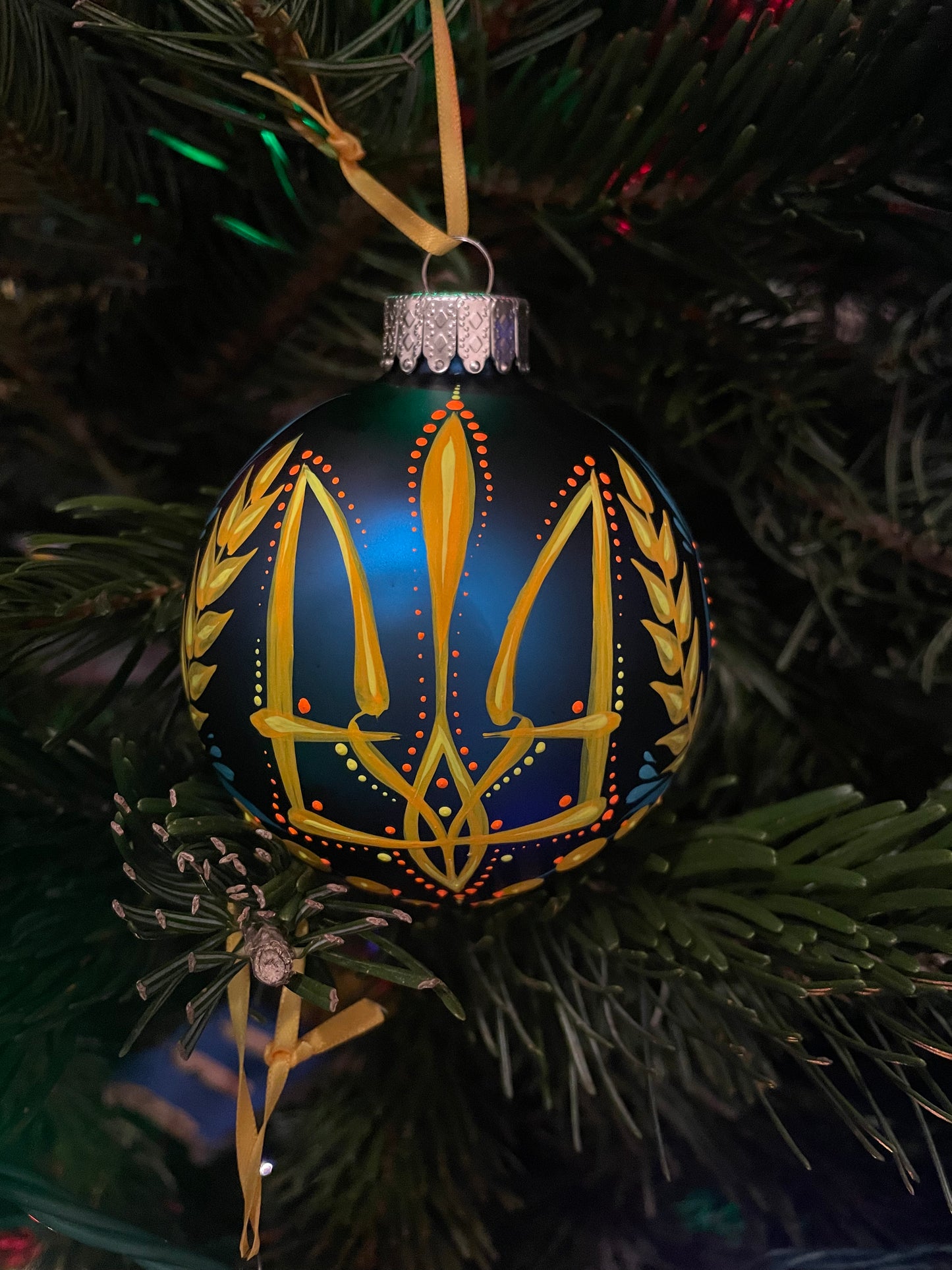 Ornament Blue and Yellow Trident on matte blue