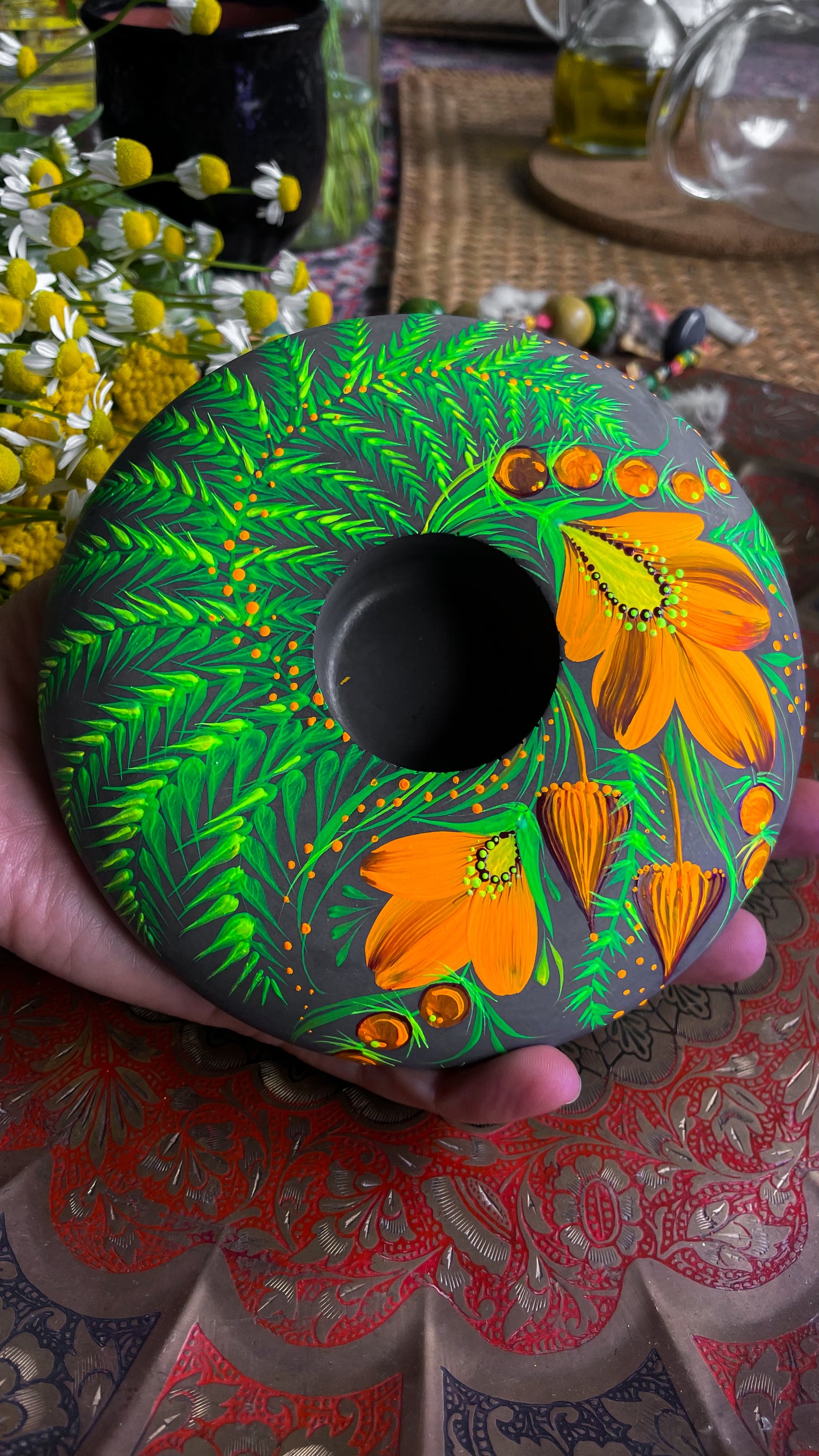 Hand painted candleholder Fern Bloom