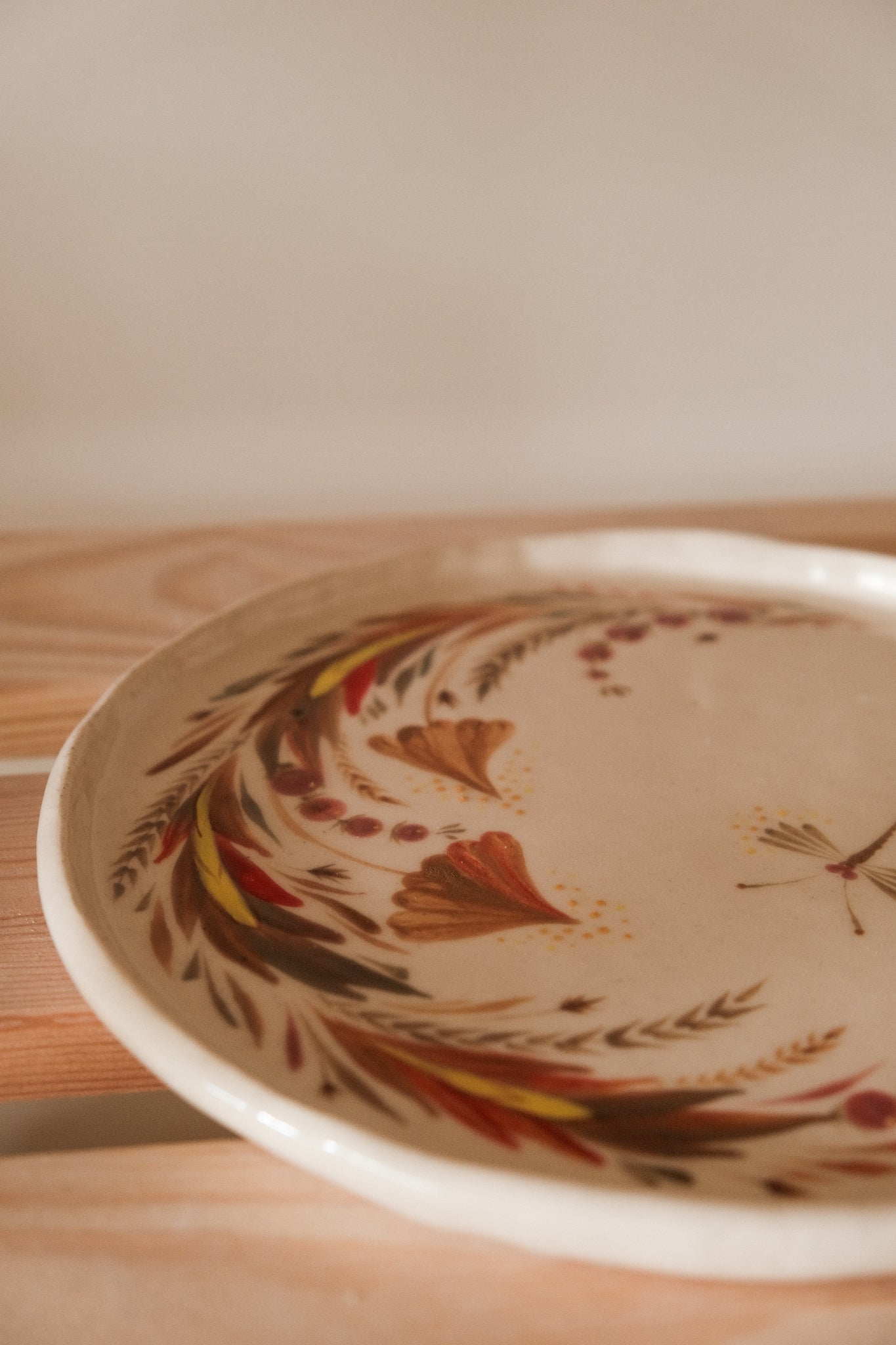 Hand painted ceramic plate Mushrooms and Dragonfly