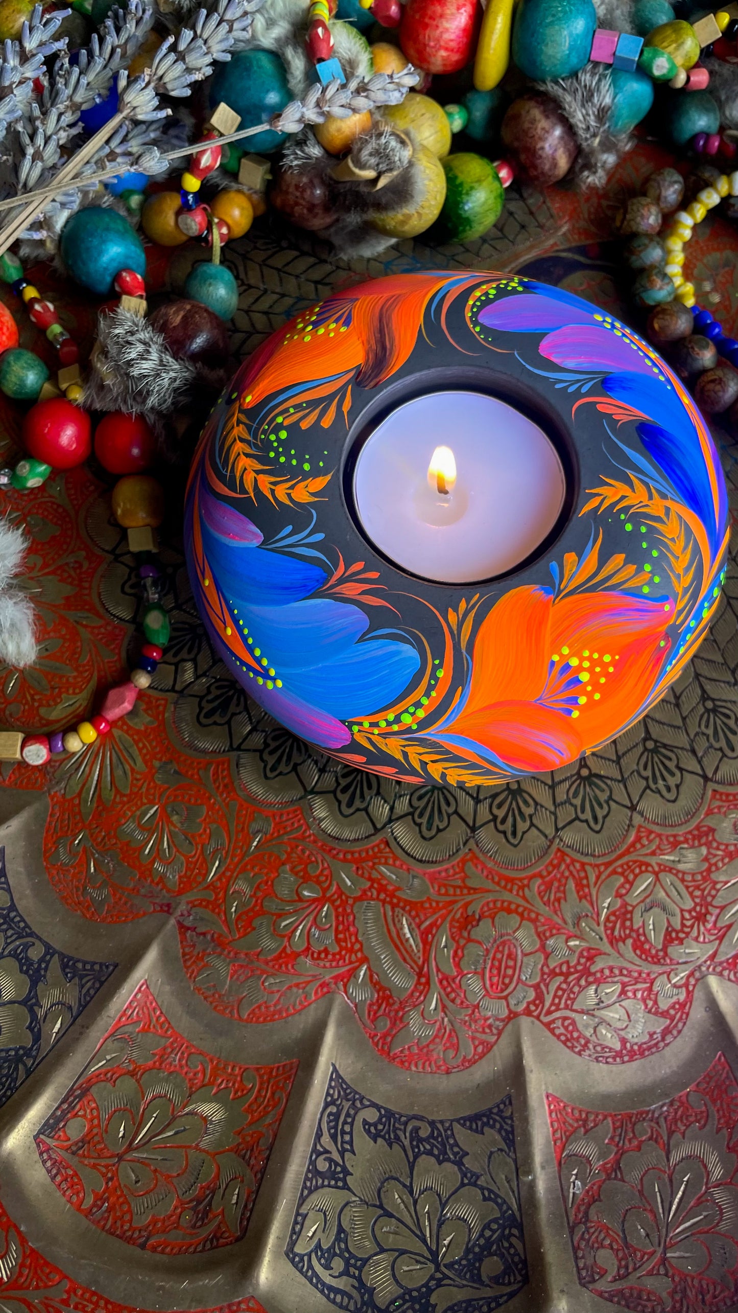 Hand painted candleholder Blue and Orange