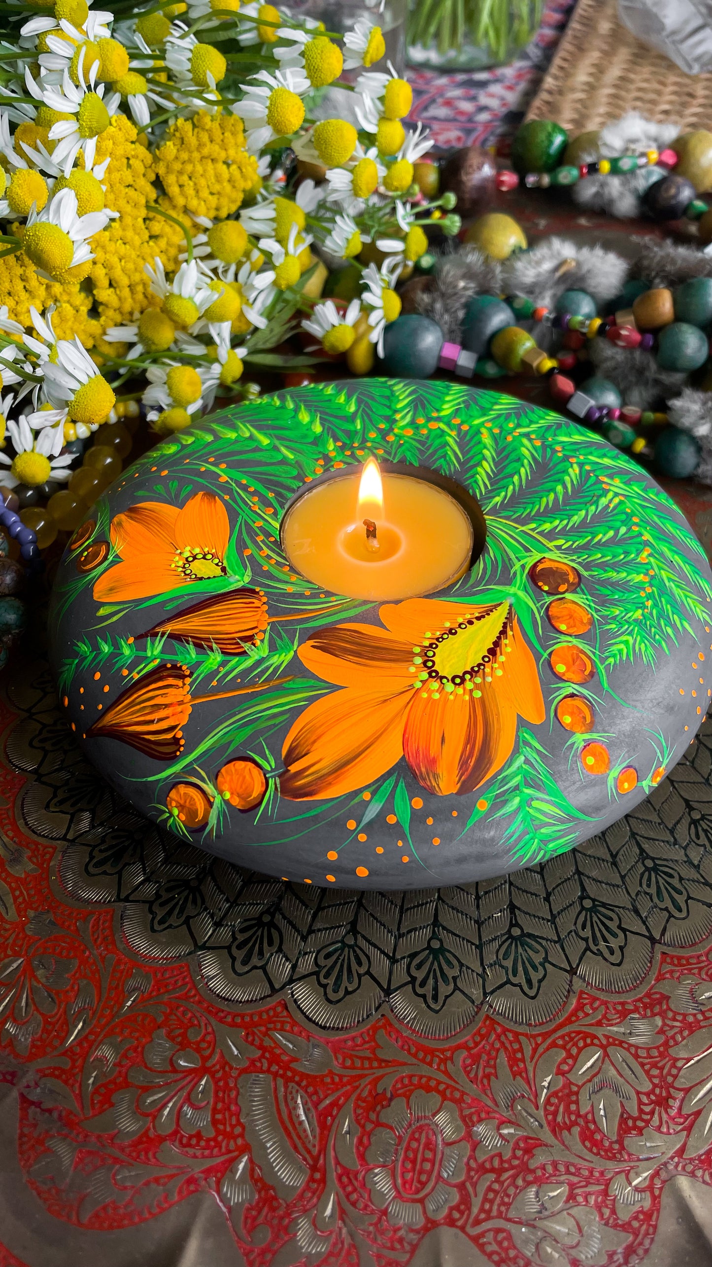 Hand painted candleholder Fern Bloom