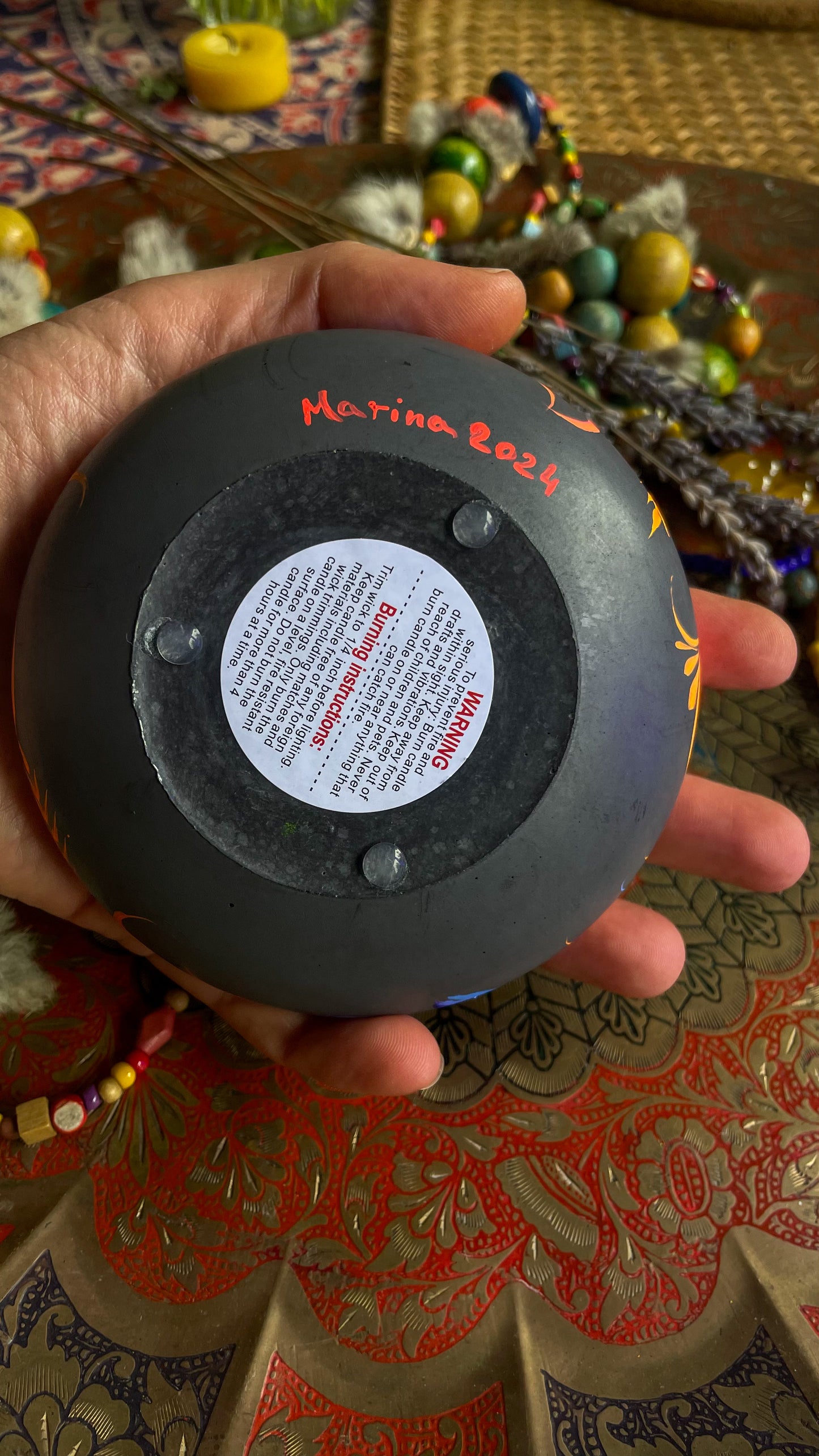 Hand painted candleholder Blue and Orange