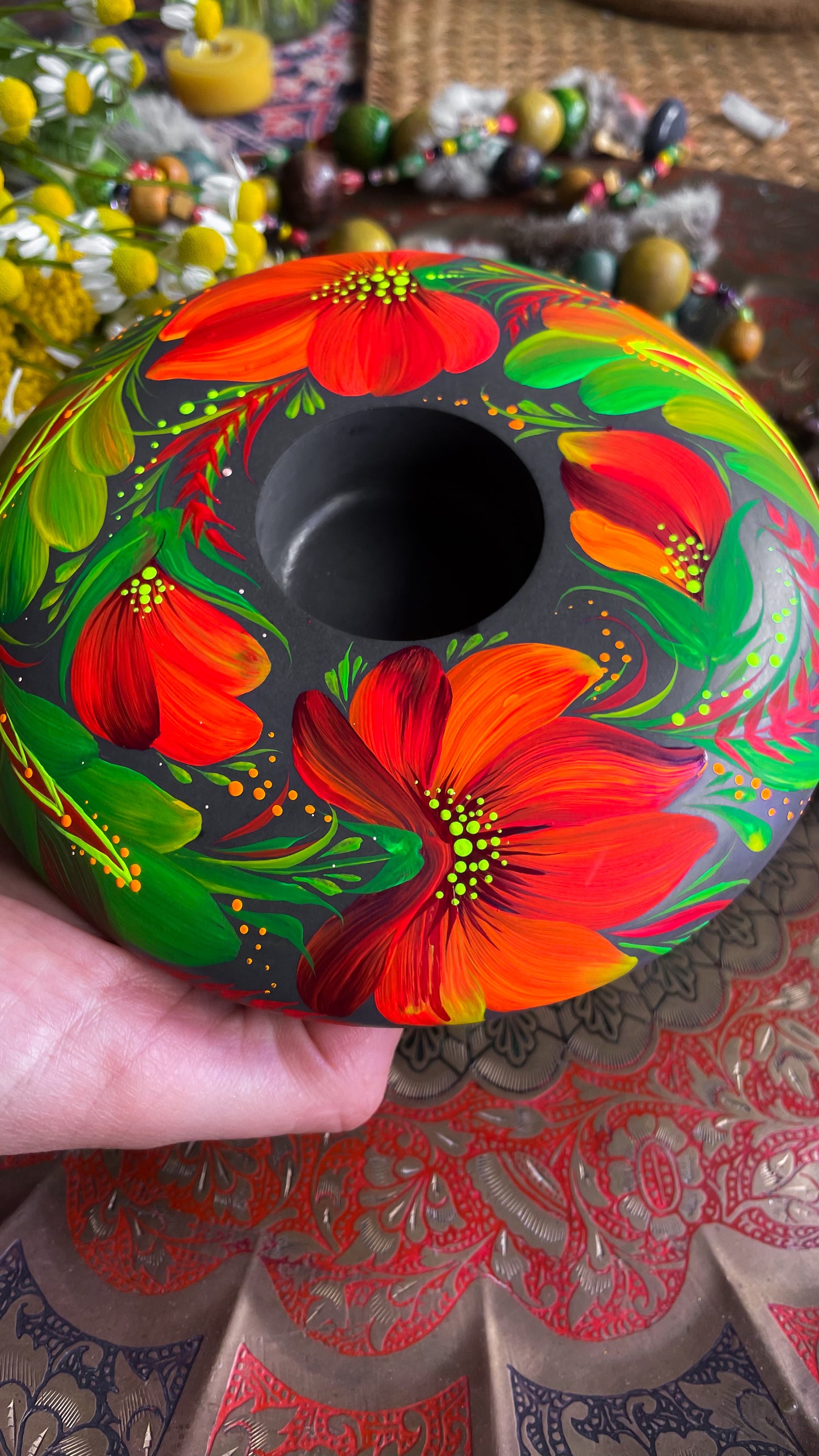 Hand painted candleholder Red and Green