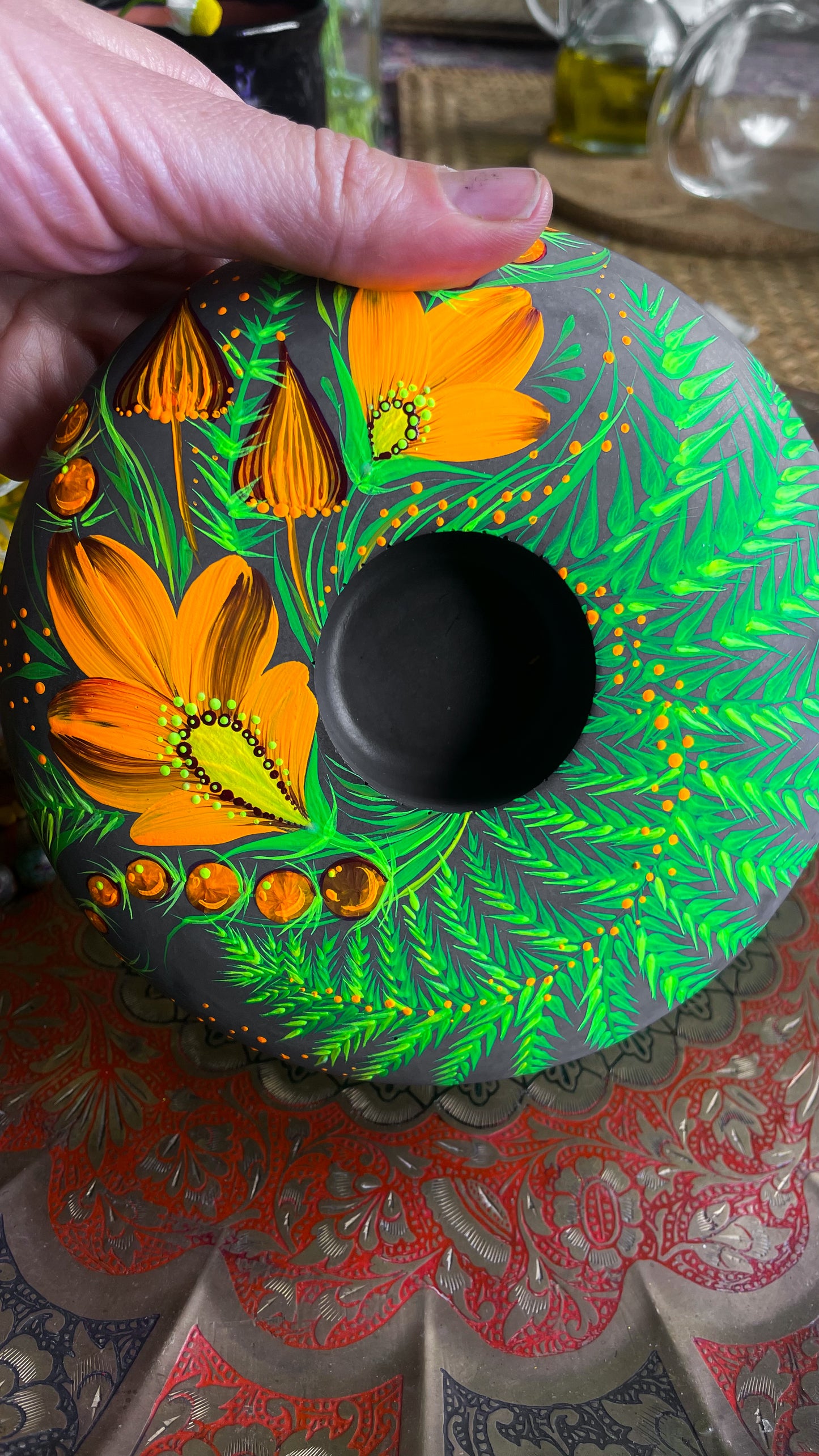 Hand painted candleholder Fern Bloom