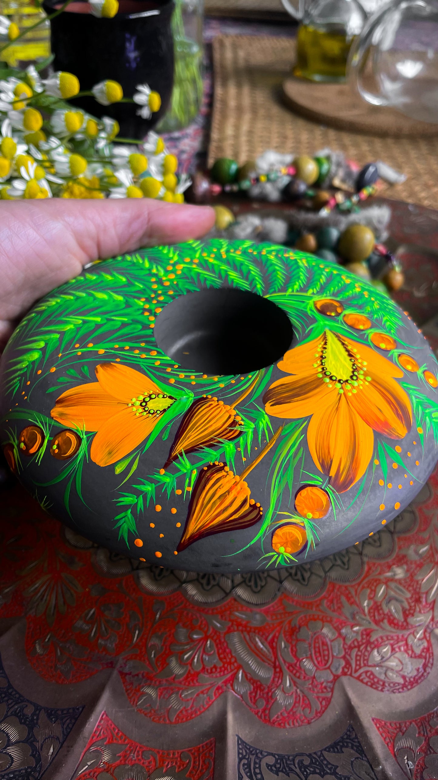 Hand painted candleholder Fern Bloom