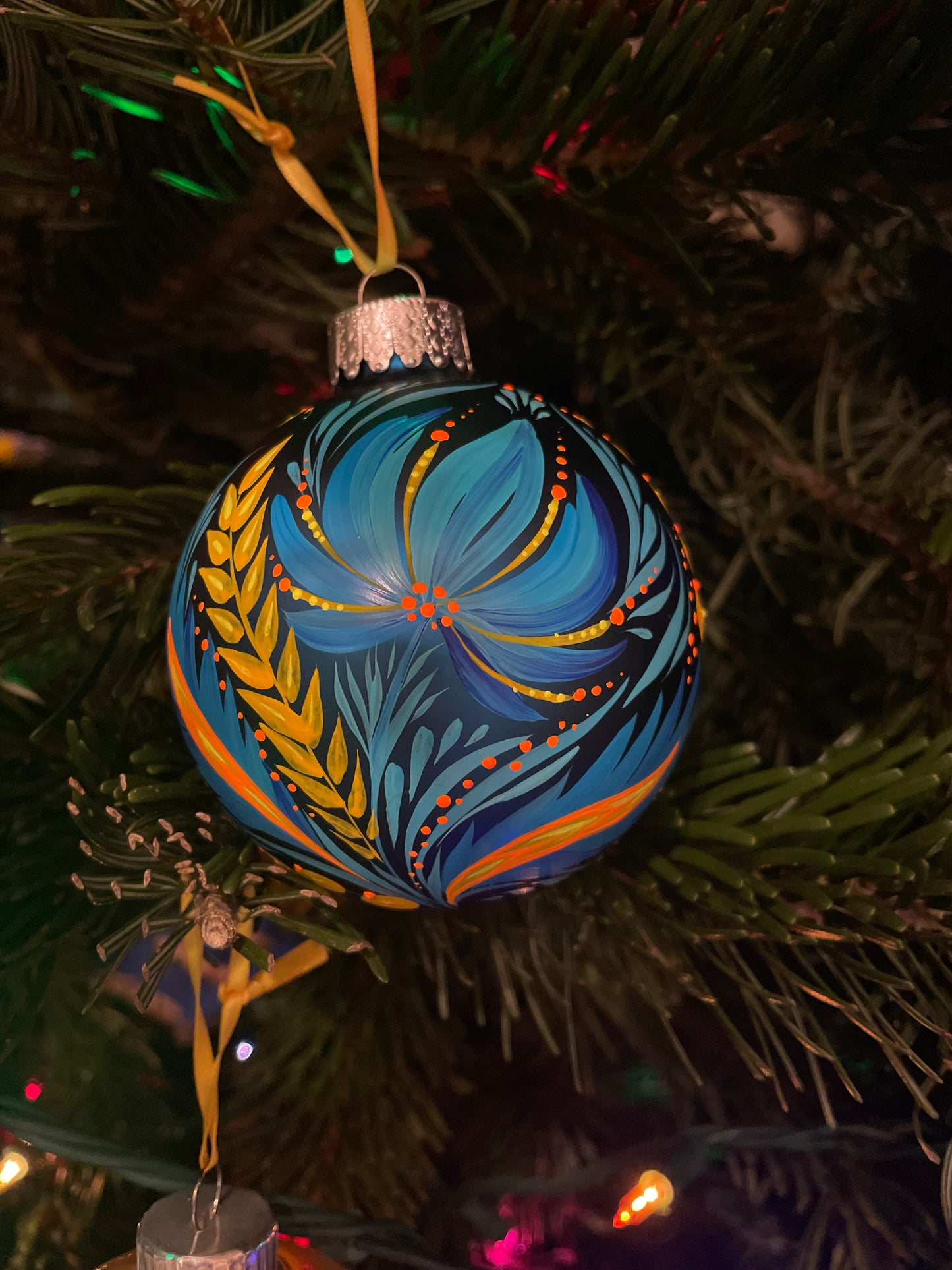 Ornament Blue and Yellow Trident on matte blue