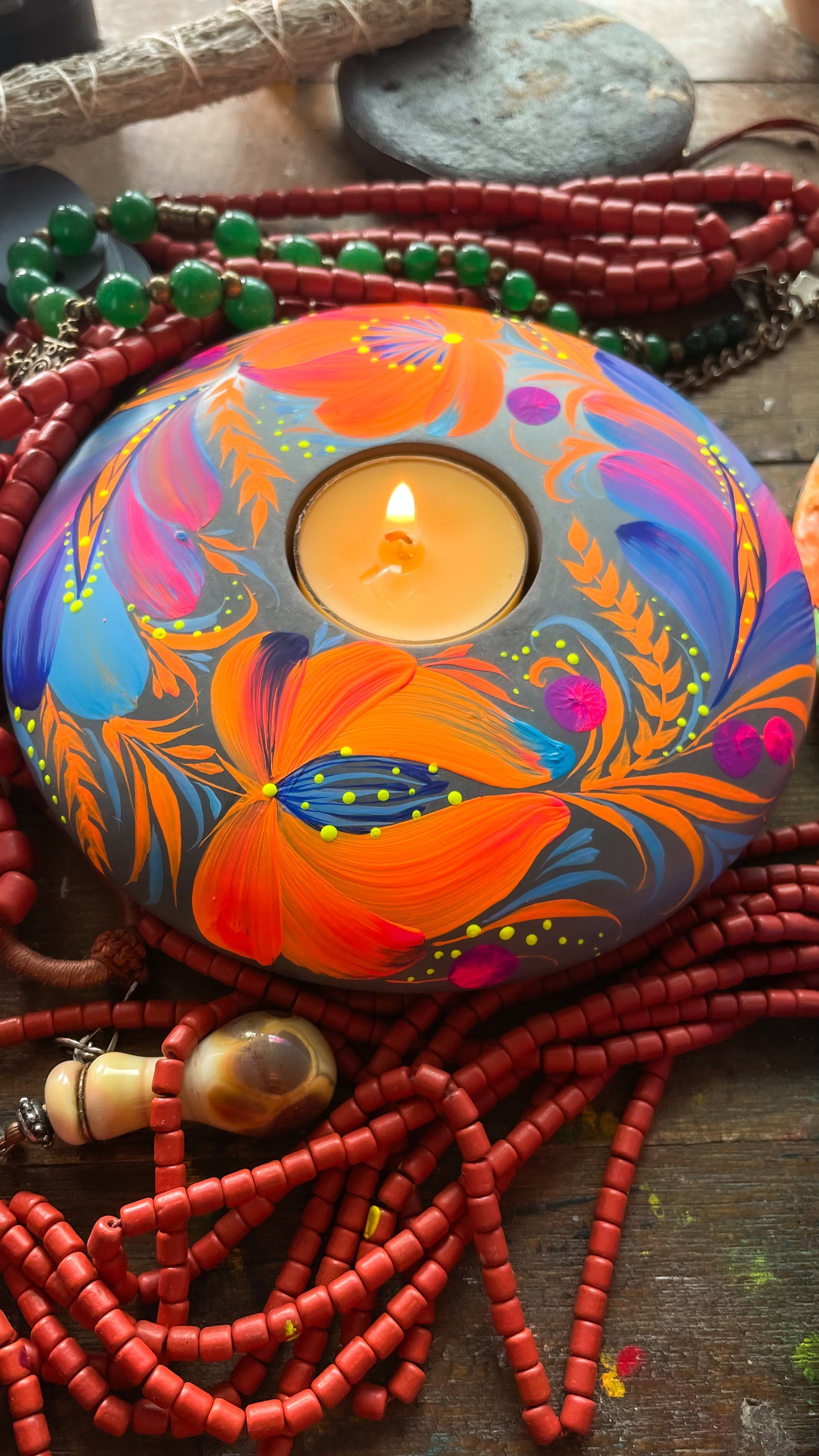 Hand painted candleholder Blue and Orange