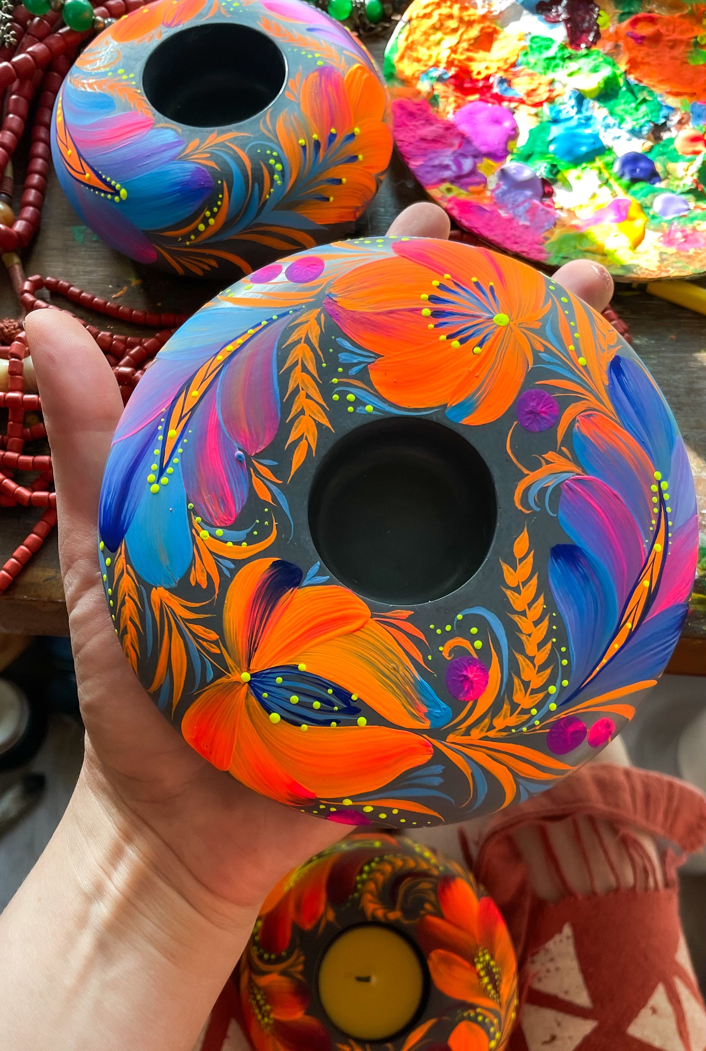 Hand painted candleholder Blue and Orange