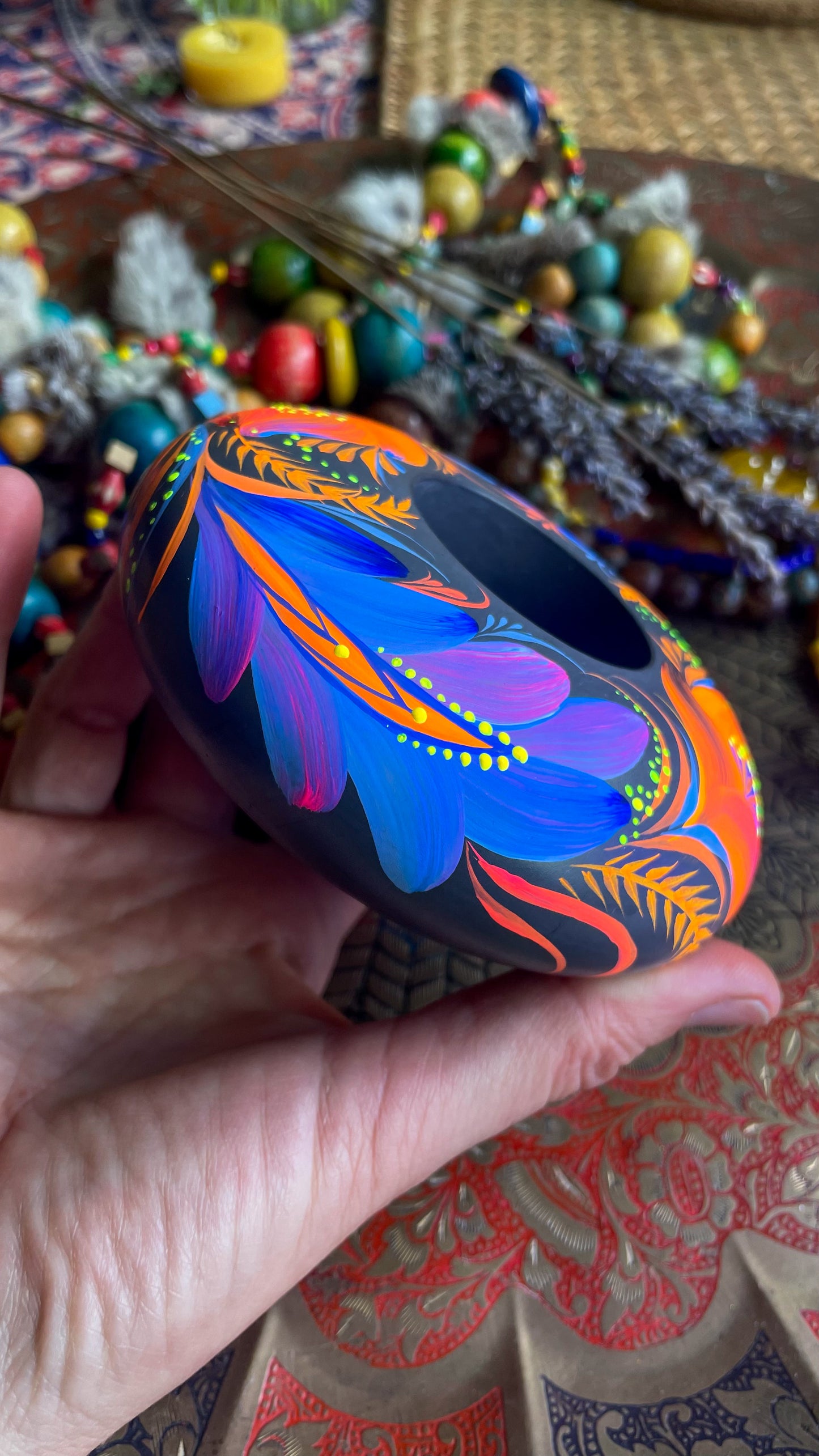 Hand painted candleholder Blue and Orange