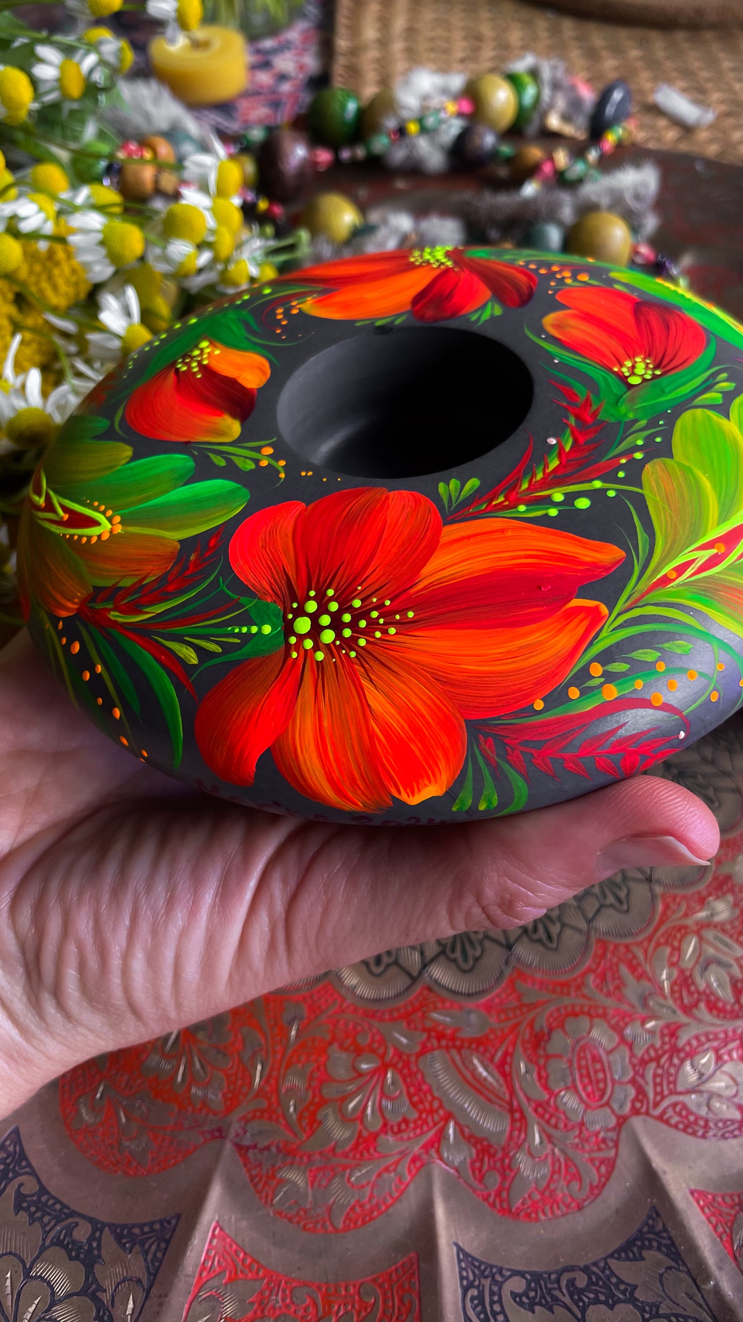 Hand painted candleholder Red and Green