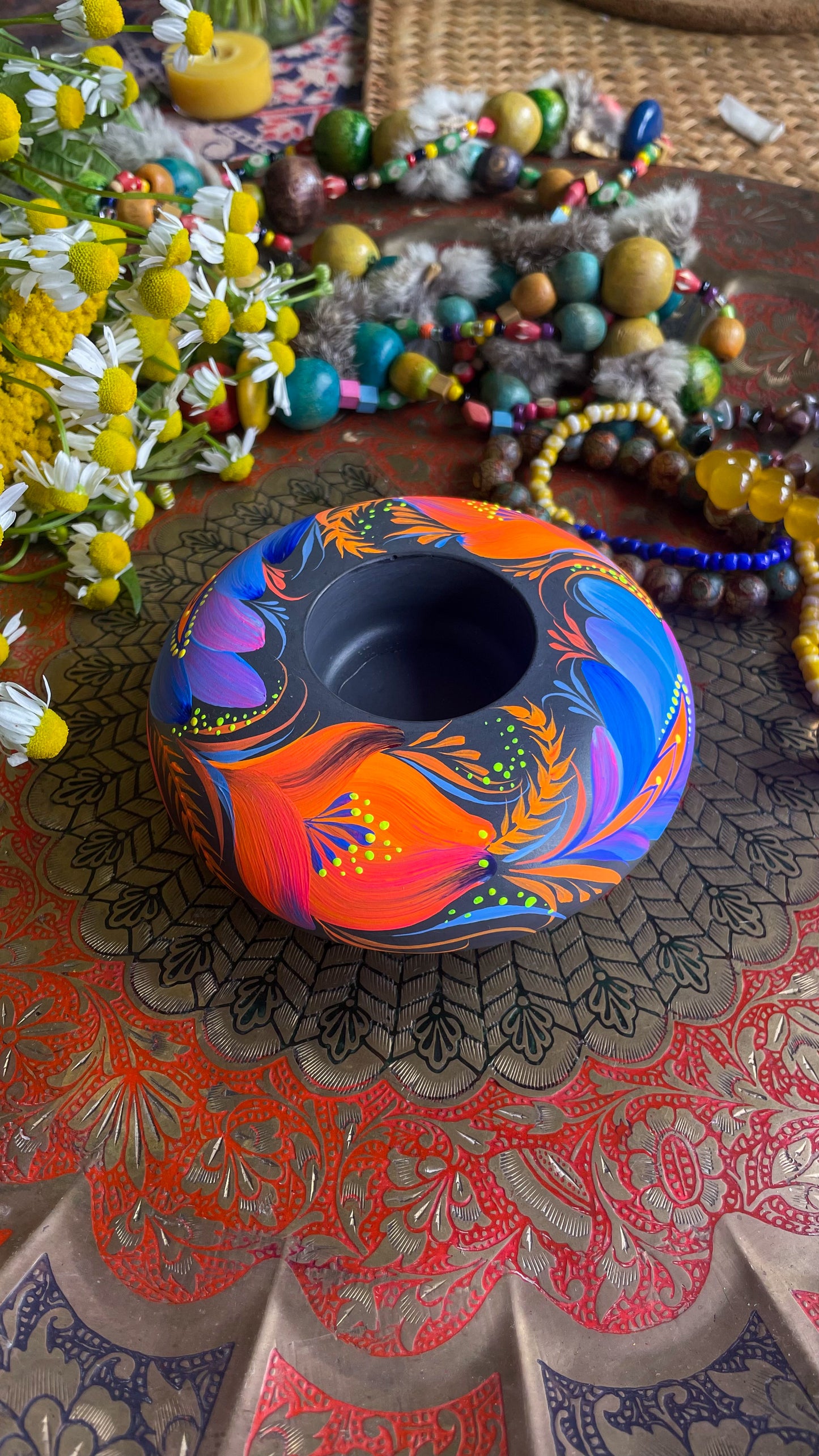 Hand painted candleholder Blue and Orange