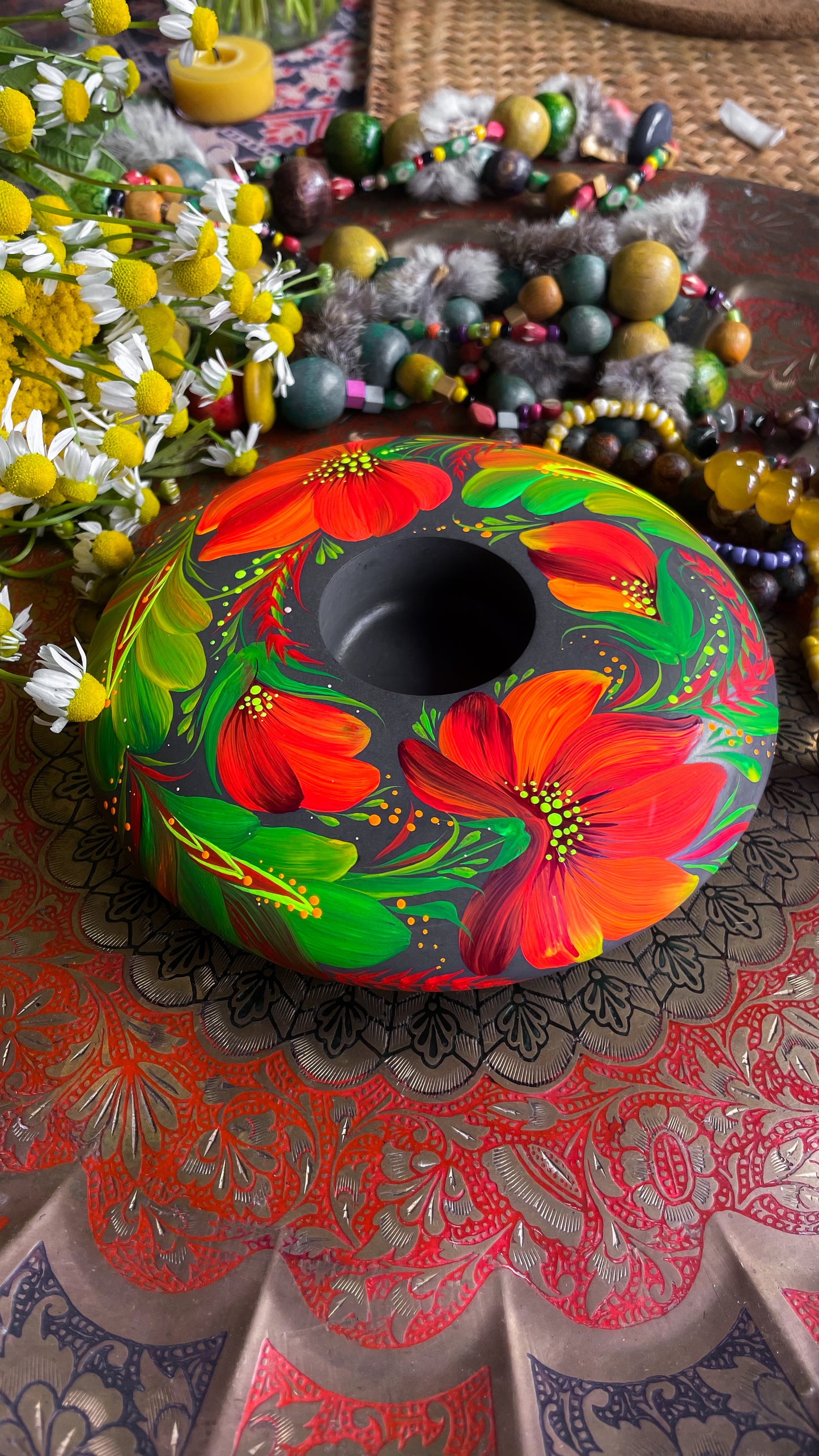 Hand painted candleholder Red and Green