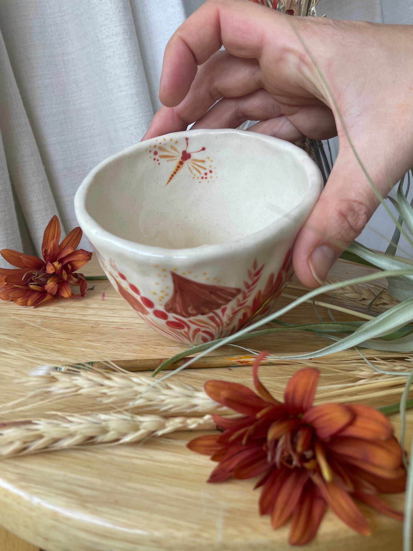 Hand painted mug Mushrooms and Dragonflies