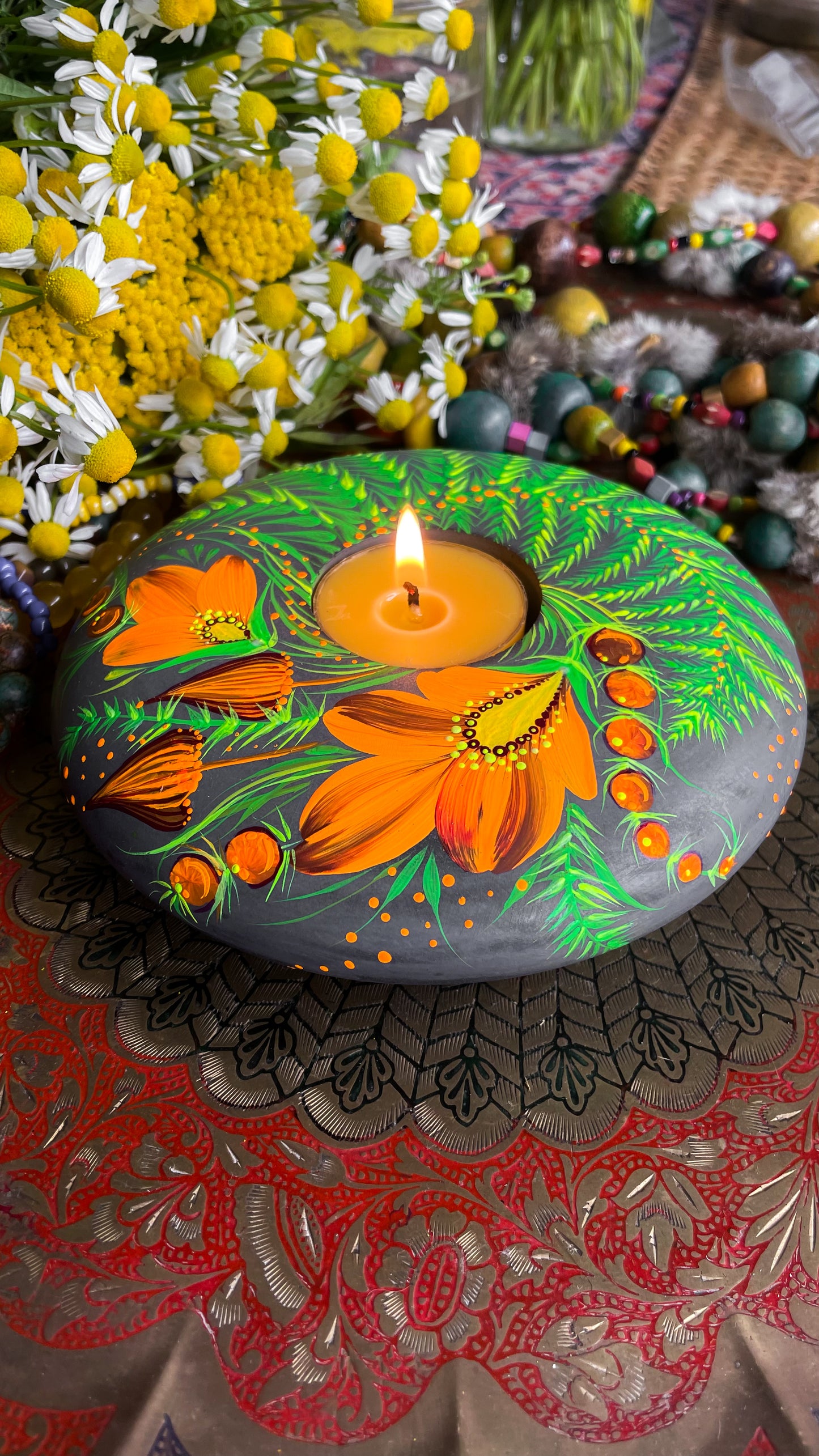 Hand painted candleholder Fern Bloom