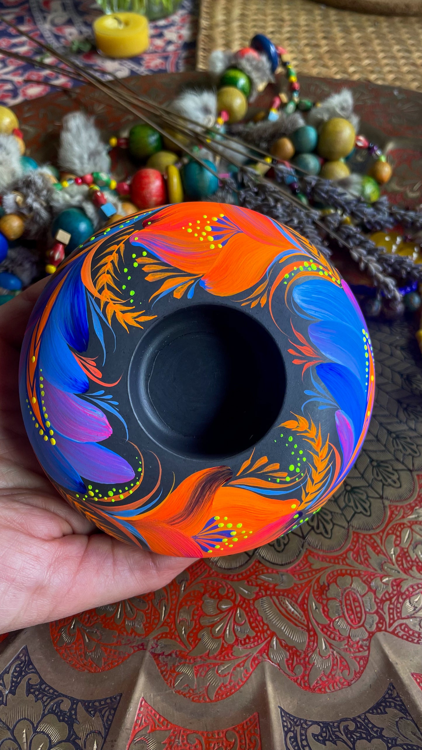 Hand painted candleholder Blue and Orange