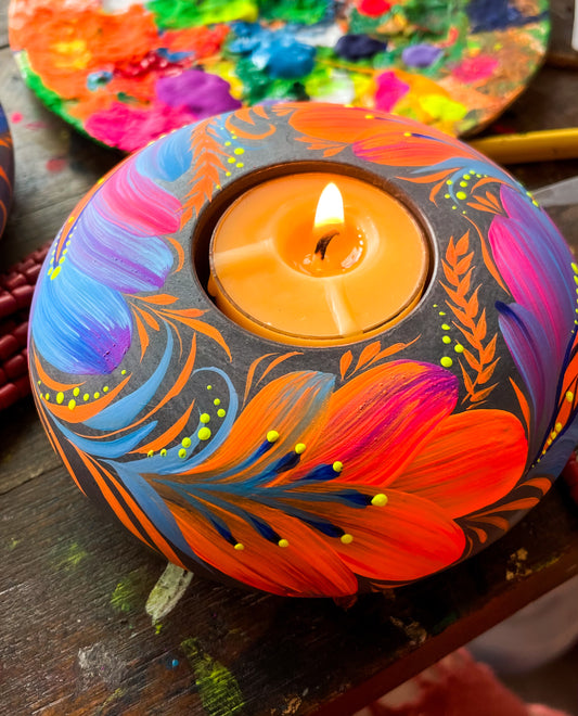 Hand painted candleholder Blue and Orange