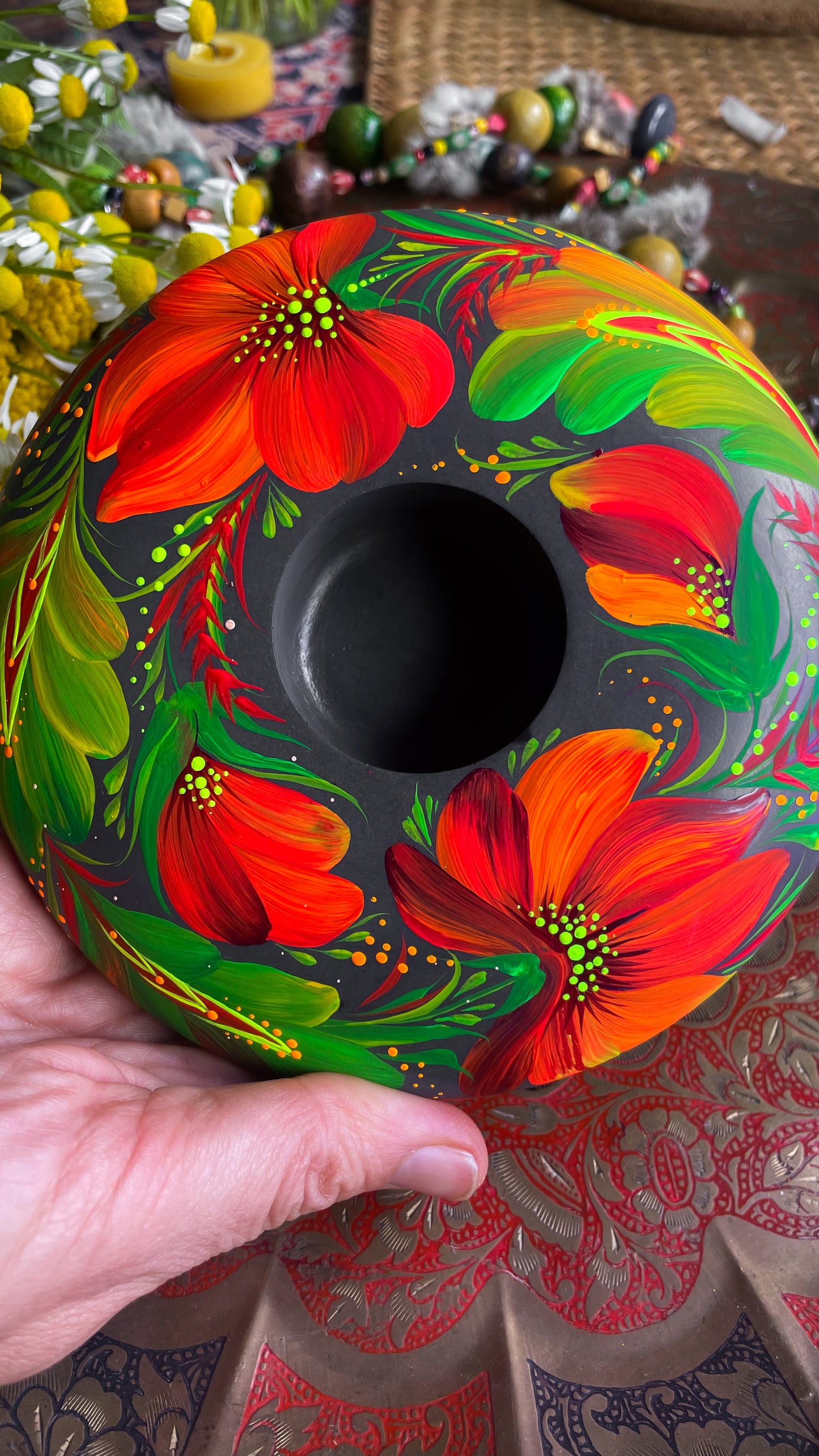 Hand painted candleholder Red and Green