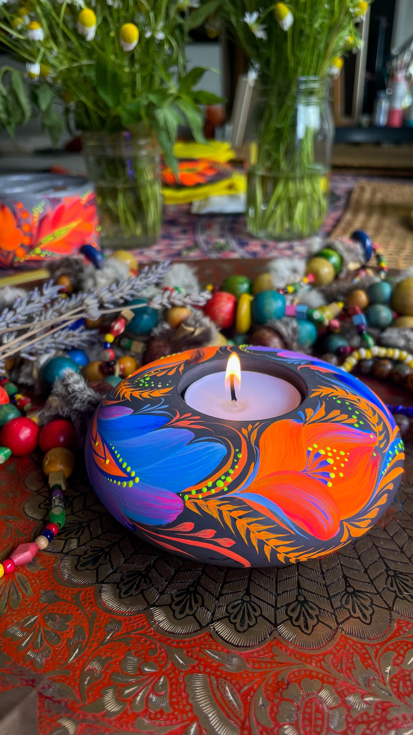 Hand painted candleholder Blue and Orange