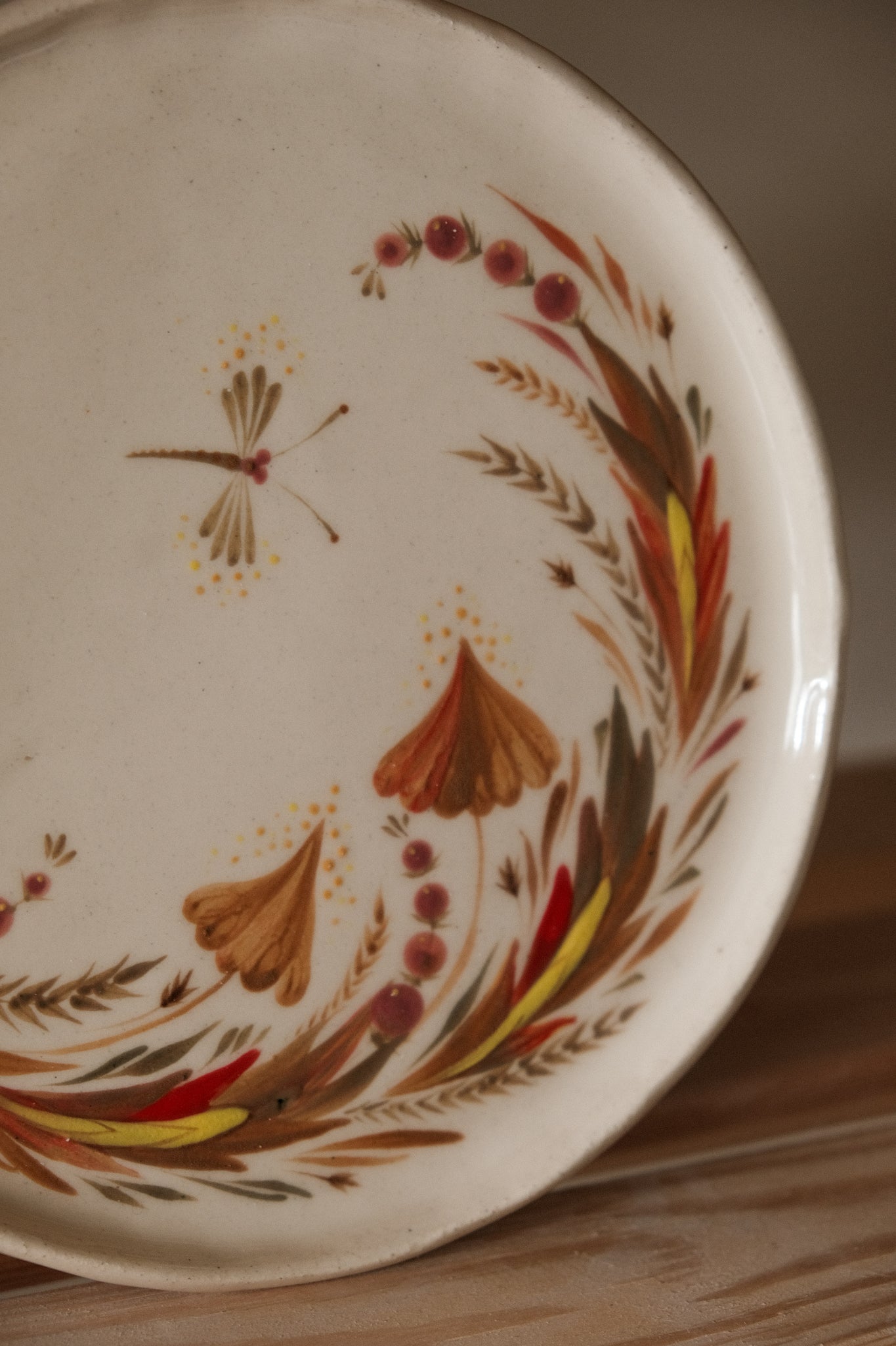 Hand painted ceramic plate Mushrooms and Dragonfly