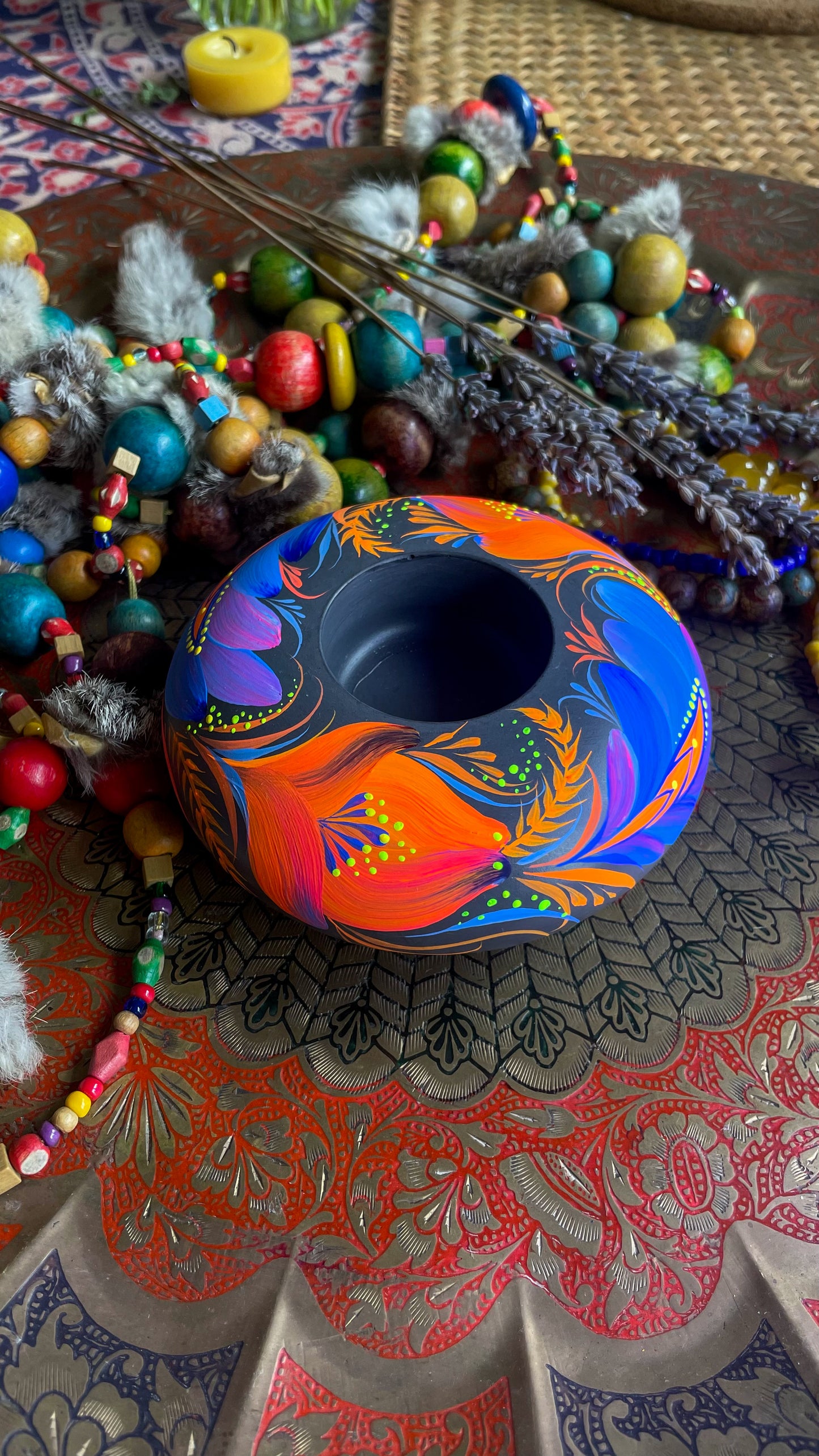 Hand painted candleholder Blue and Orange