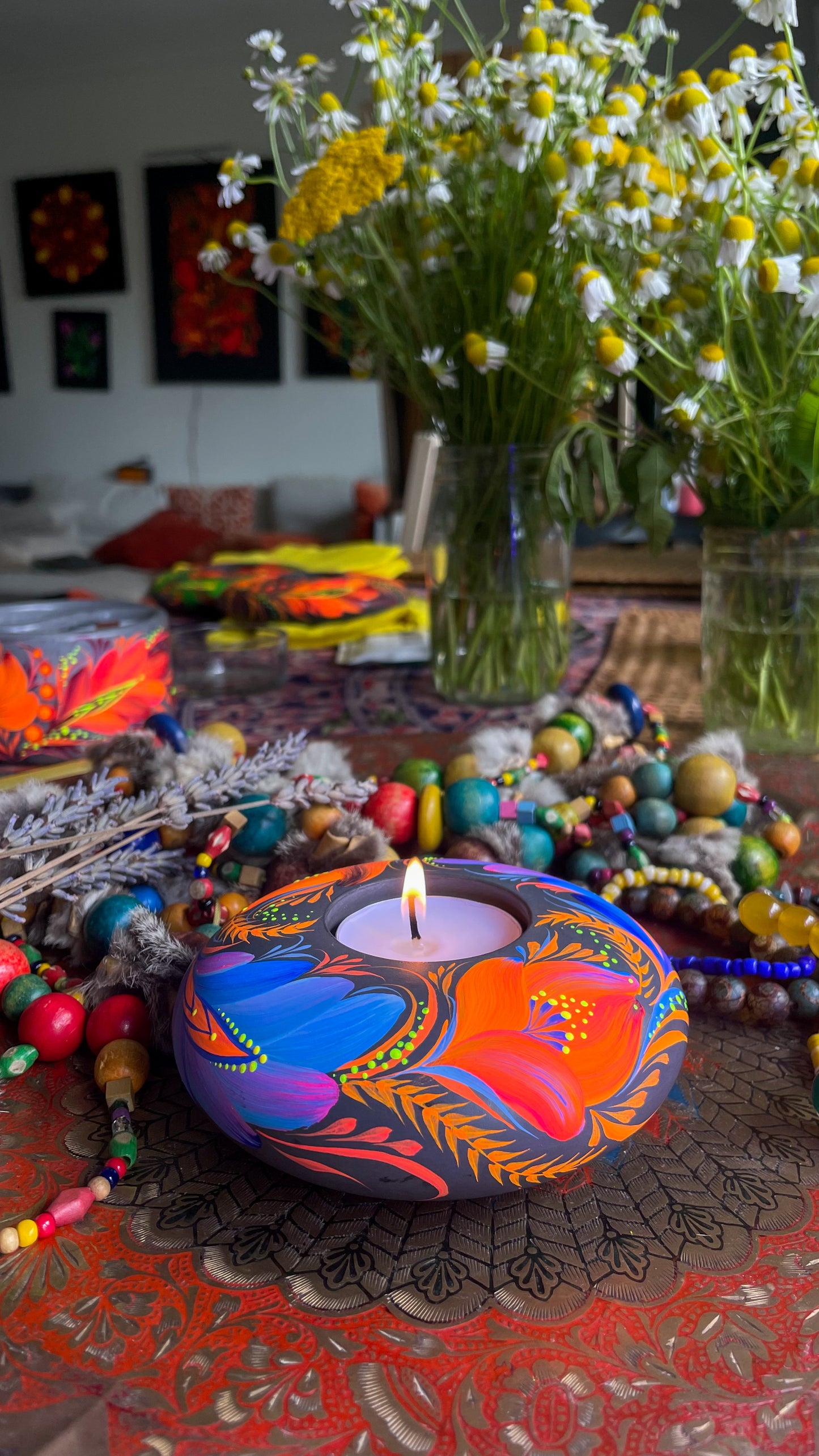 Hand painted candleholder Blue and Orange