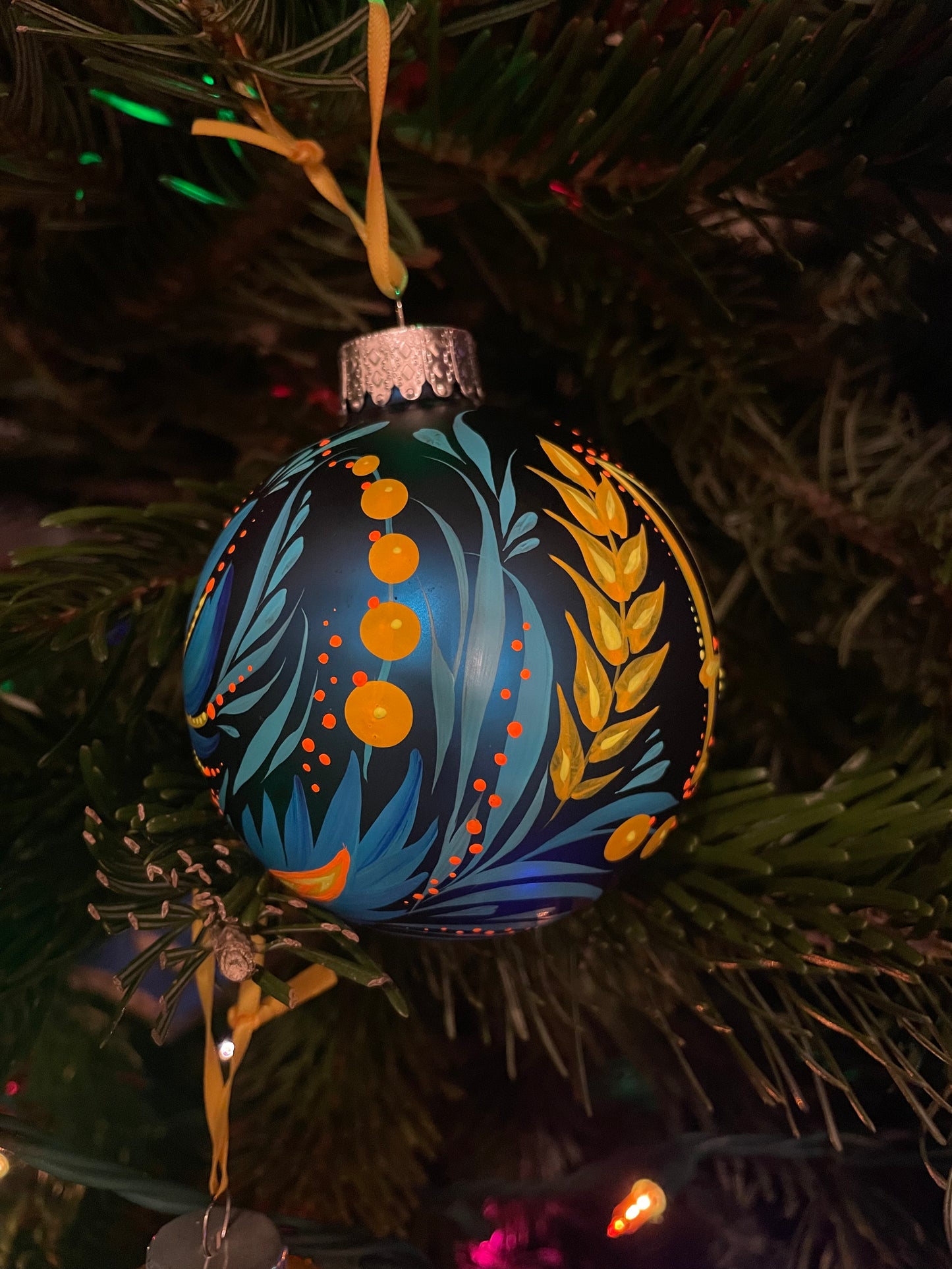 Ornament Blue and Yellow Trident on matte blue