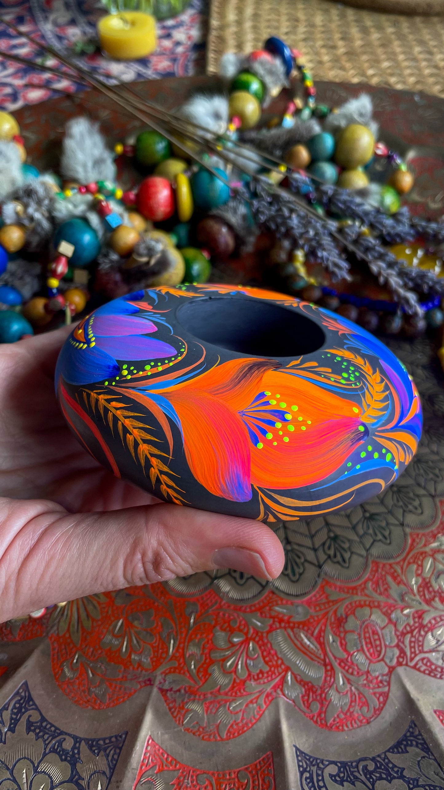 Hand painted candleholder Blue and Orange