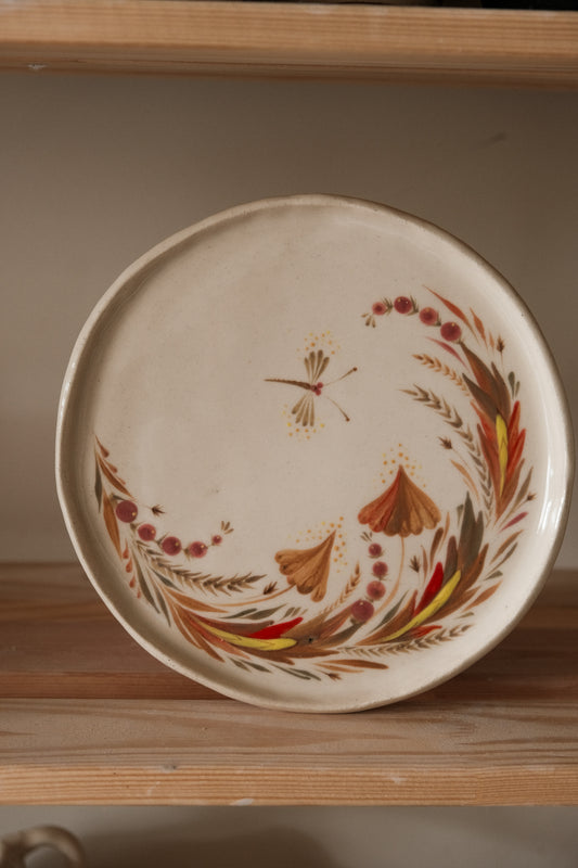 Hand painted ceramic plate Mushrooms and Dragonfly