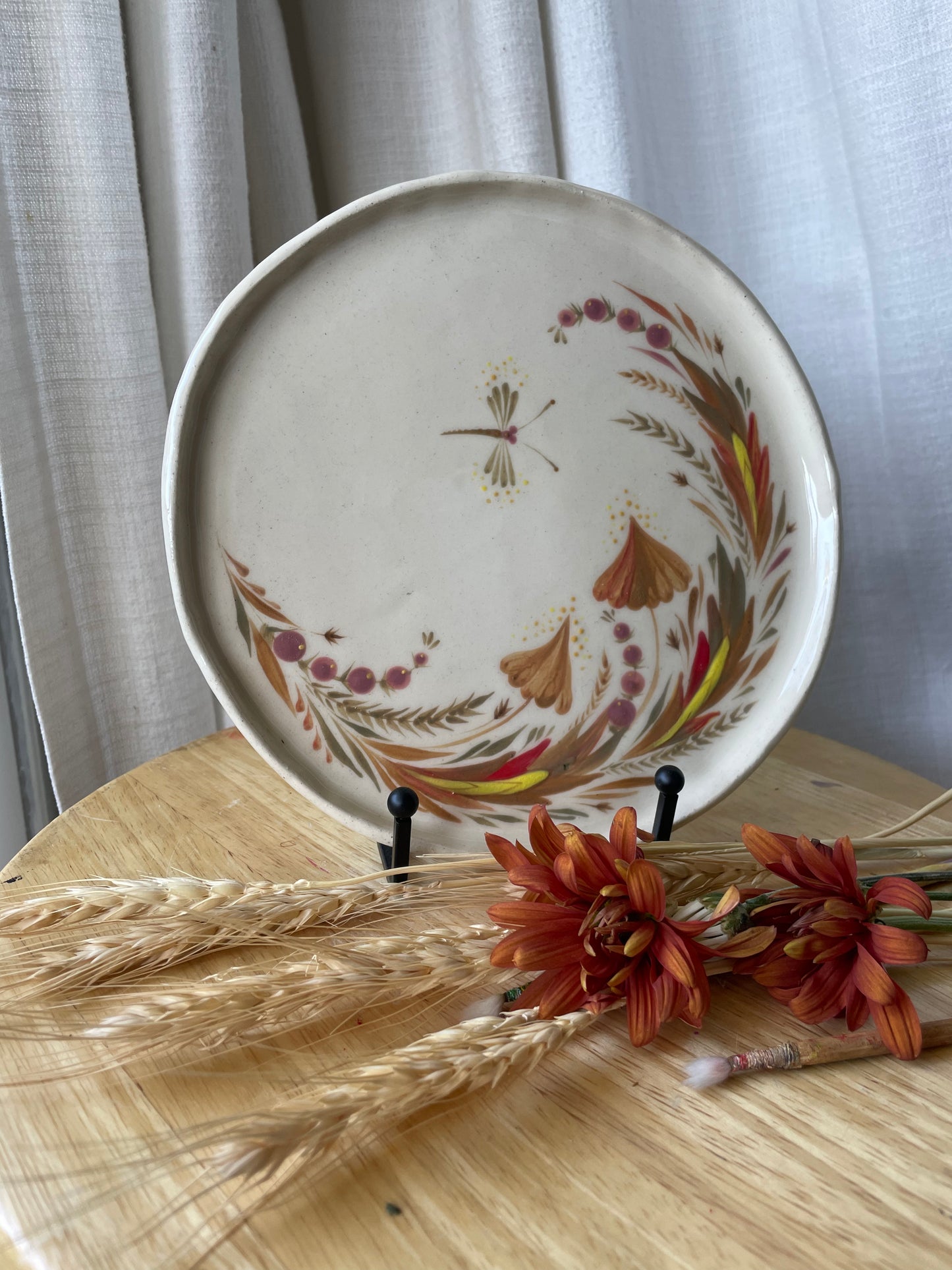 Hand painted ceramic plate Mushrooms and Dragonfly